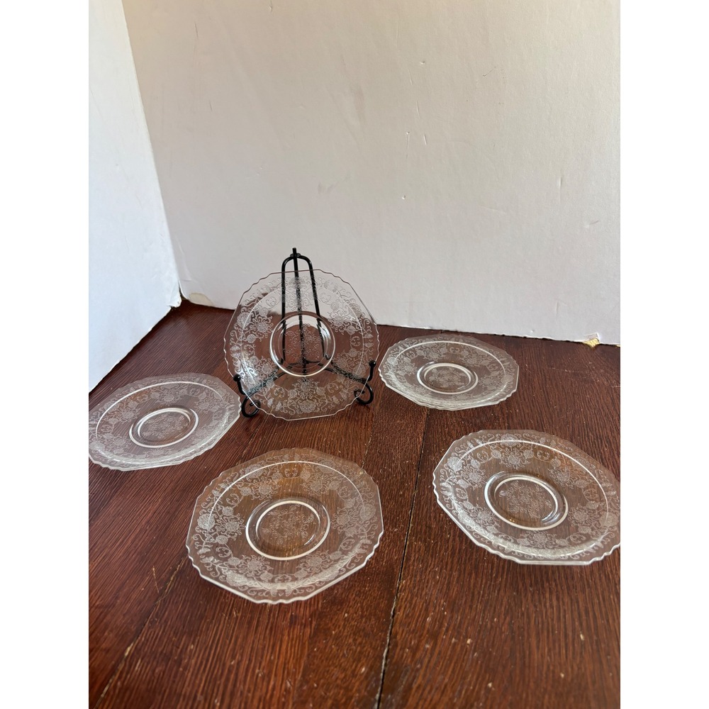 Vintage Clear Etched Depression Glass Saucers Floral Scalloped Set of 5